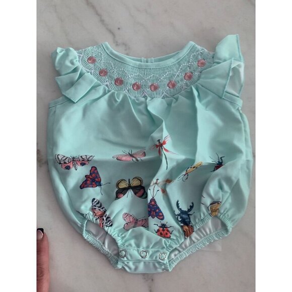 Baby Girls Mint Green Butterfly Ruffle Romper Outfit Snap Closure 100% Cotton - Picture 3 of 4